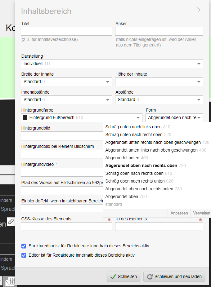 Inhaltsbereich: Formen für Inhaltsbereiche einstellen - Abgerundet oben nach rechts oben