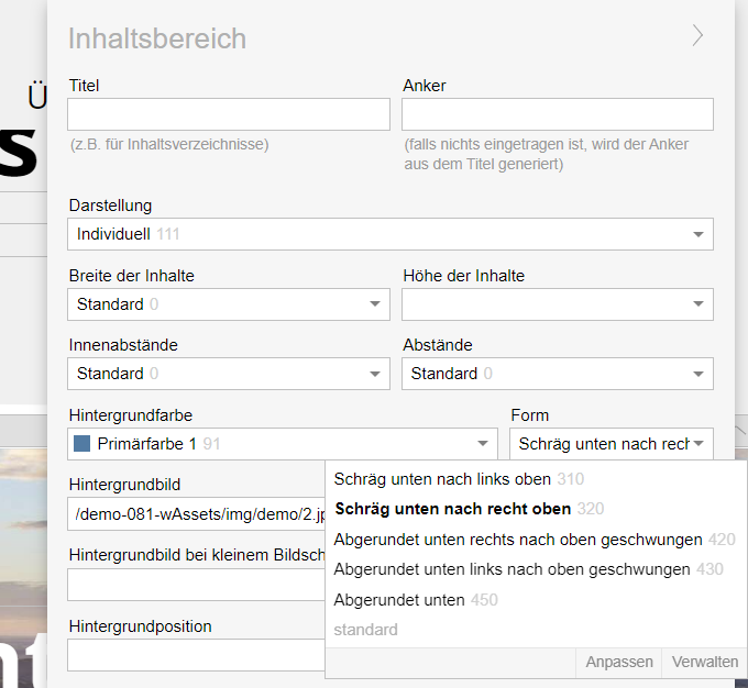 Darstellung der Inhaltsbereiche in der Website mit Variante "Hell, wenn weiß davor"