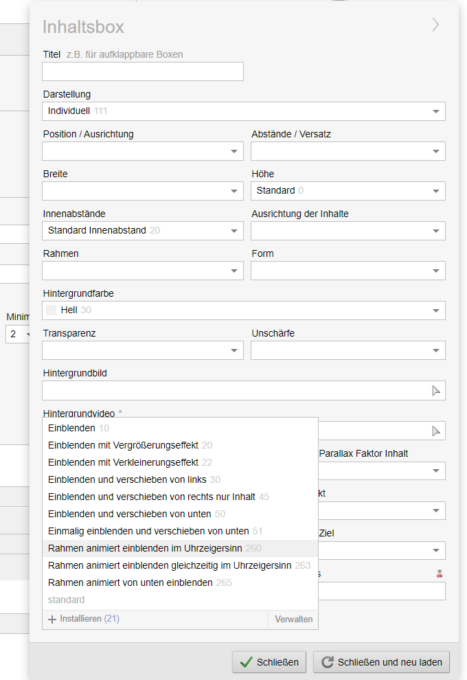 Inhaltsbox: Konfiguration - Animationseffekte zur Einblendung von Rahmen