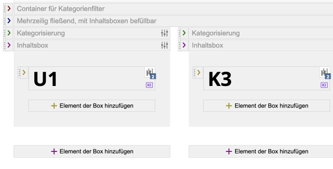 Inhaltsboxen nach Kategorien filtern - Editoransicht