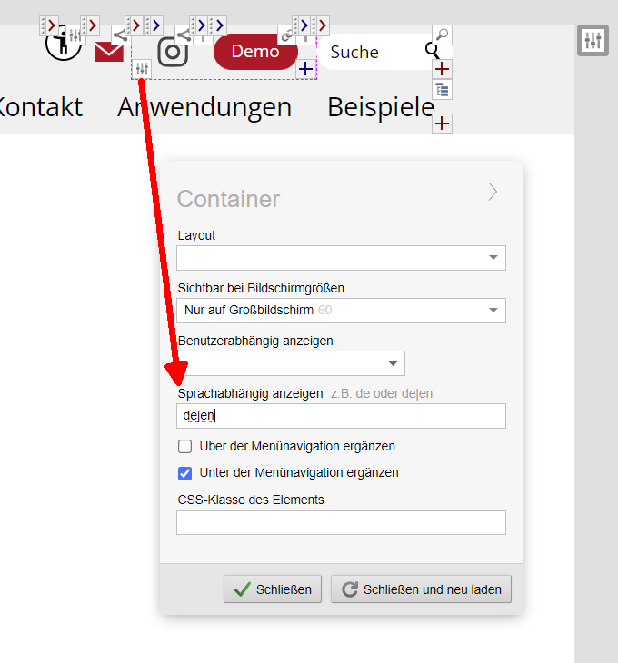 Kopfbereich: Den Container je Sprache ein-/ausblender