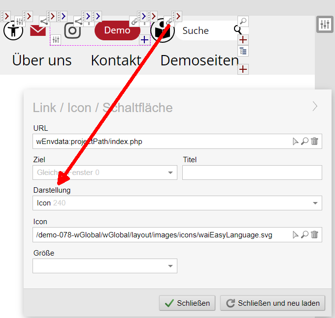 Kopfbereich: Links als reine Icons darstellen