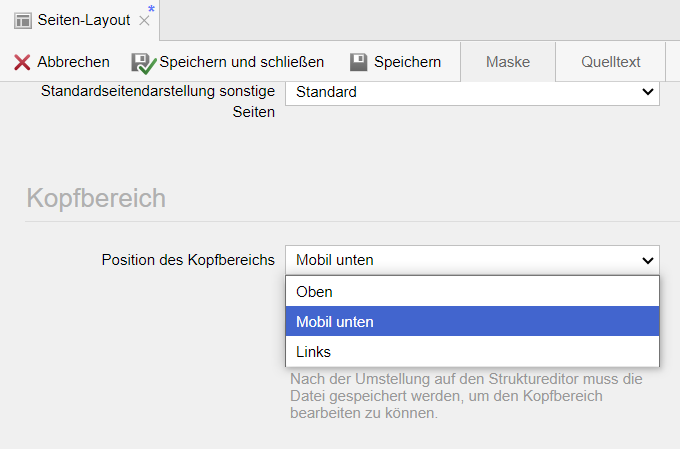 Seiten-Layout: Kopfbereich in mobiler Ansicht unten platzieren