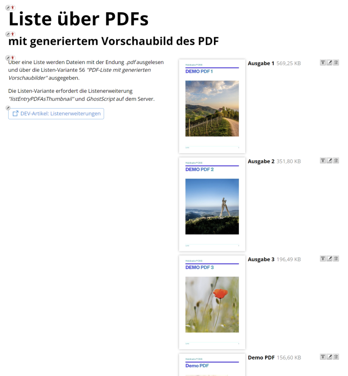 Liste über PDFs mit generiertem Vorschaubild des PDF