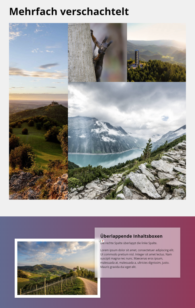 Mehrspaltiger Inhaltscontainer: Mehrfach verschachtelte und überlappende Boxen