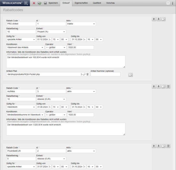 Mini-Shop: Rabattcodes auf Warenkorb oder einzelne Artikel