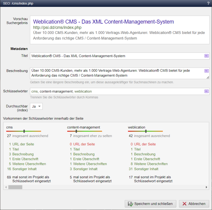 SEO-Ansicht in Weblication®