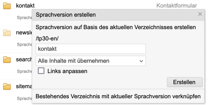 Sprachversion erstellen mit oder ohne Anpassung der Links