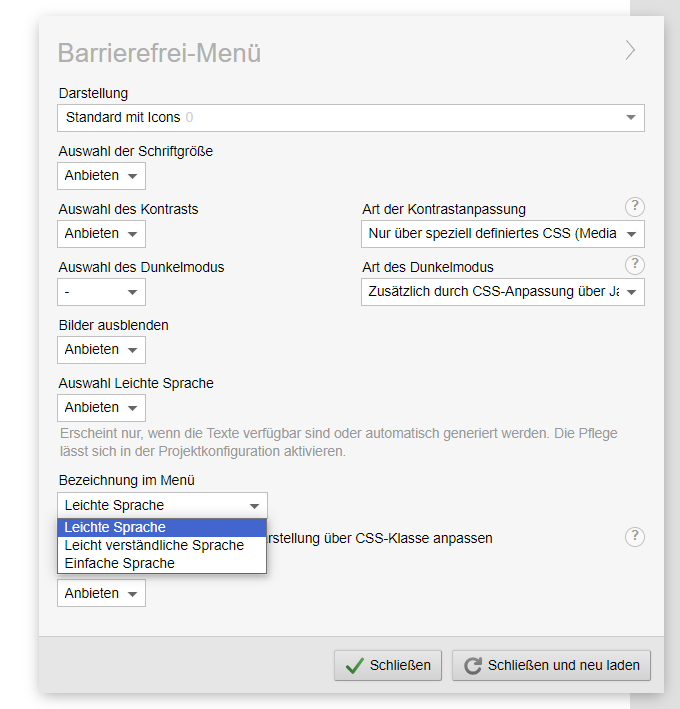 Barrierefrei-Menü: Bezeichnung wählbar - Leichte Sprache, Leicht verständliche Sprache, Einfache Sprache