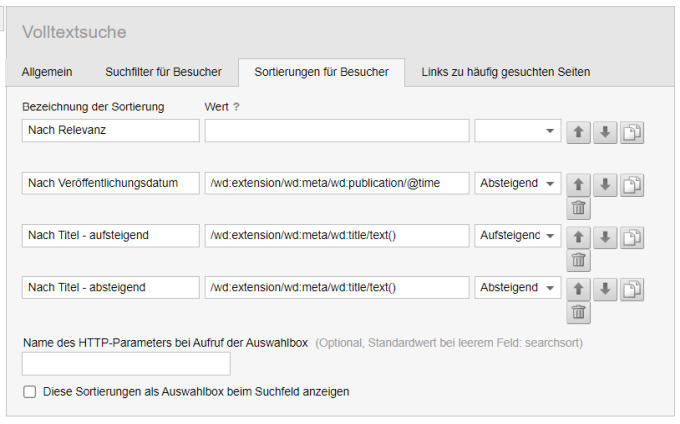 Volltextsuche Sortierungen für Besucher konfigurieren