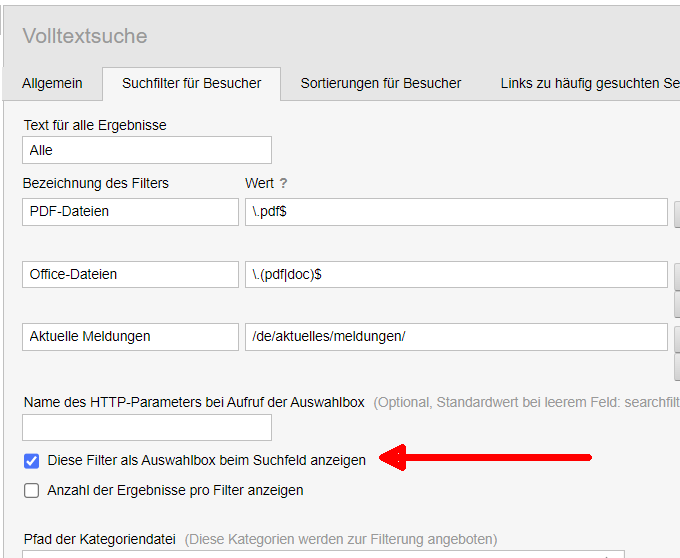 Volltextsuche Konfiguration Suchfilter als Auswahlbox anzeigen
