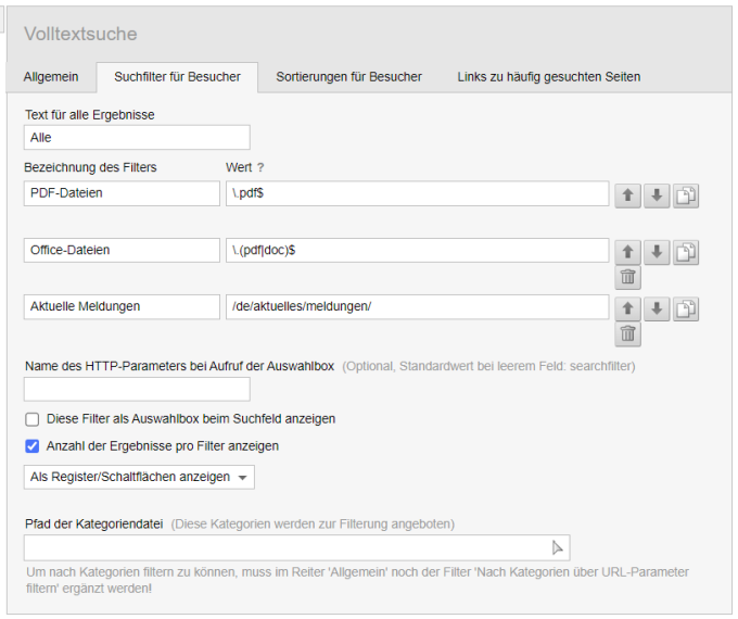 Volltextsuche Suchfilter für Besucher konfigurieren