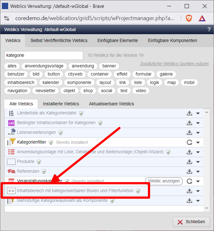 Inhaltsboxen mit kategorisierbaren Boxen und Filterfunktion