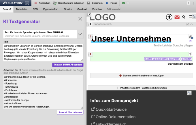 Leichte Sprache Modul in Weblication® jetzt auch mit Anbindung an SUMM-AI