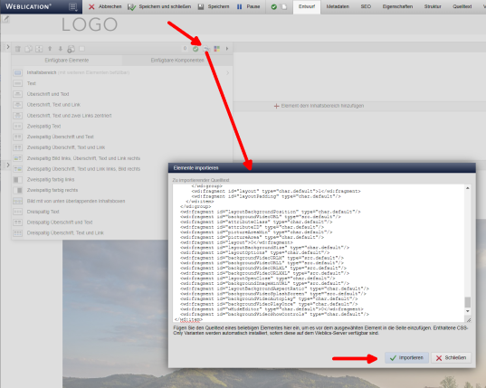 Im Zielprojekte: Layout Beispiele aus Zwischenablage importieren