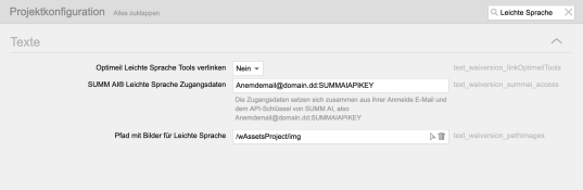 Einstellungen in der Projektkonfiguration für Leichte Sprache