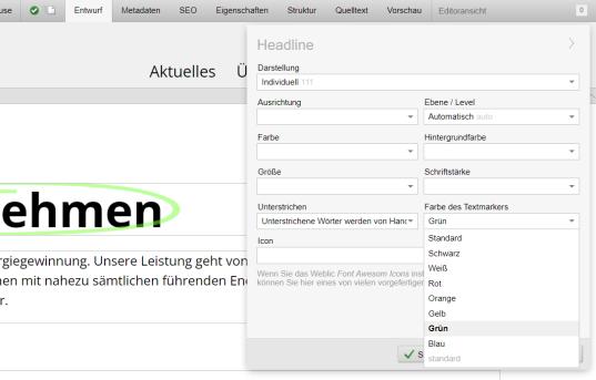 Überschriften im Editor mit Markierungen - Variante individuell mit Farbwahl der Markierung