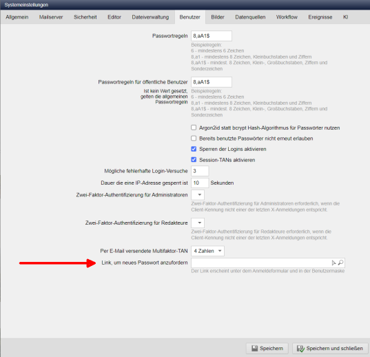 Einstellung: Über Anmeldemaske neues Passwort anfordern