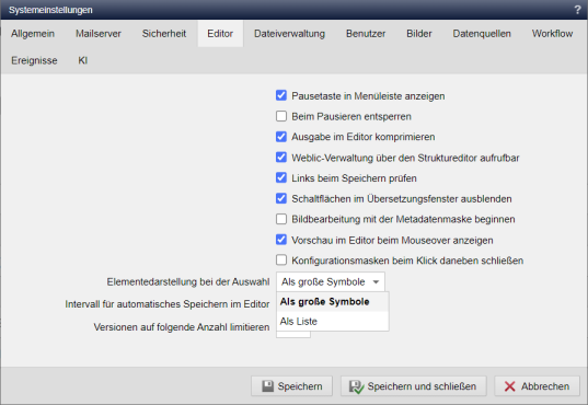 Systemkonfiguration - Darstellung der Elementauswahl mit Icons oder als Liste