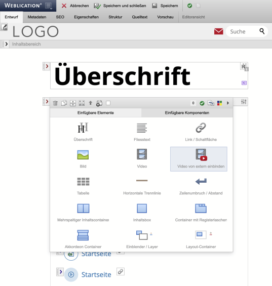 Alternative Elemente-Auswahl im Editor