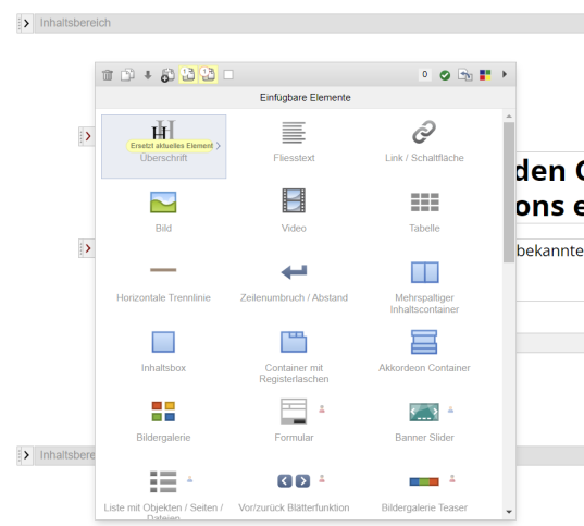 Darstellung der Elementauswahl mit Icons