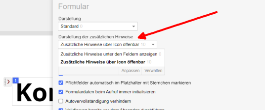 Einstellung, wie im Feld zusätzliche Hinweise anzuzeigen sind