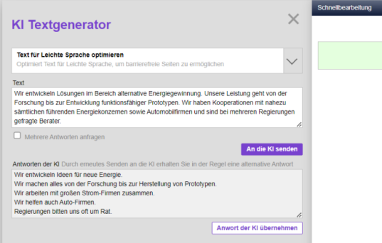 Text in Leichter Sprache über KI generieren aus angelegtem Text im Textfeld