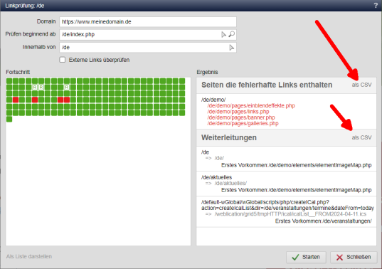 Werkzeuge: Linkprüfung - Ergebnisse als CSV-Datei abrufbar