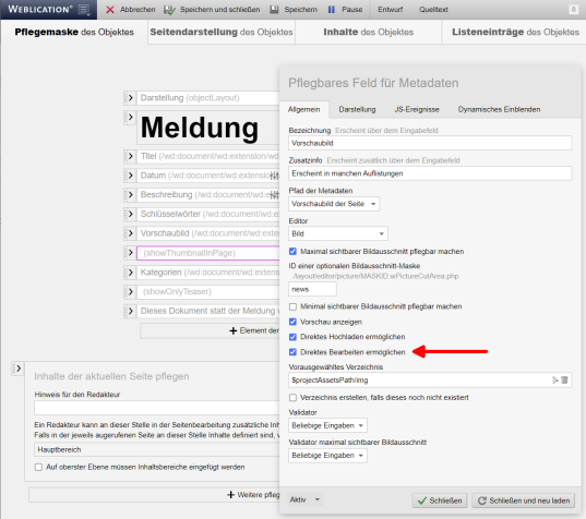 Einstellung in Objekt-Wizard zum direkter Aufruf zum Bearbeiten von Dateien in Feldern