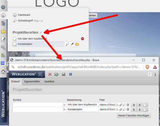 Projekt-Favoriten in Browse&Edit Panel