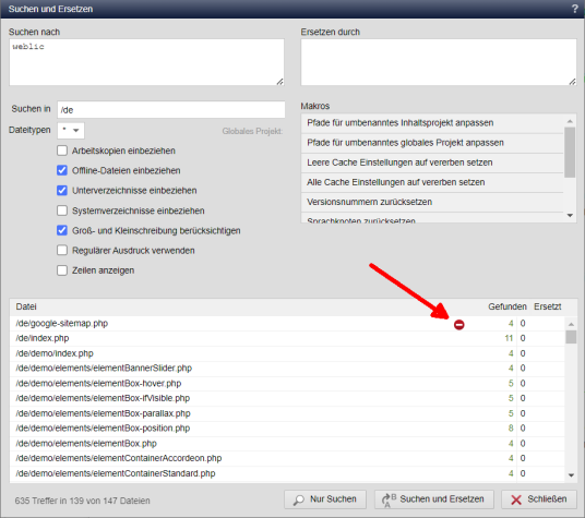Projektverwaltung: Suchen & Ersetzen zeigt Offline-Status
