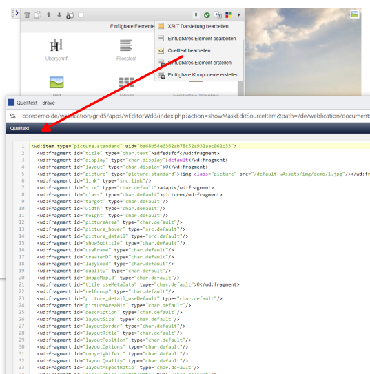 Quelltexteditor: Elementequelltext direkt bearbeiten