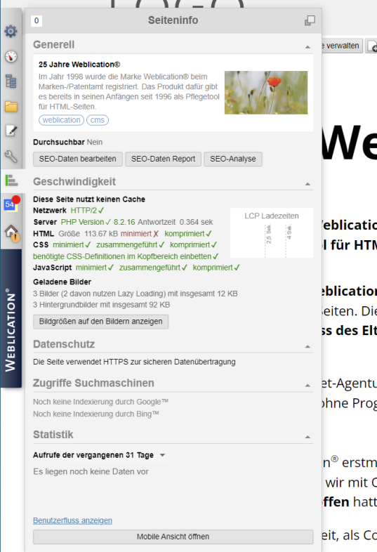 Seiteninfo mit optimierter Metadatenanzeige und Vorschaubild