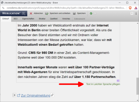 Pflegefeld für Leichte Sprache kann per Mausklick eingeblendet werden