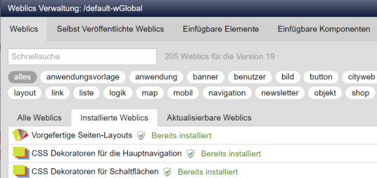 Weblics: Wechsel zwischen allen, installierten und aktualisierbaren Weblics