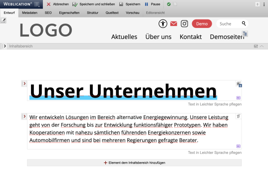 Editor-Ansicht mit Aufruf, um Texte in Leichter Sprache zu pflegen