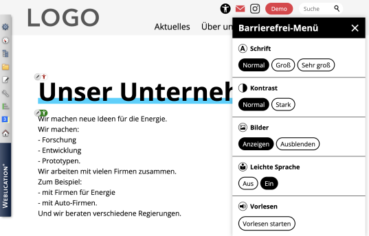Darstellung der Leichte Sprache Texte in Website nach Einschalten über Barrierefrei-Menü