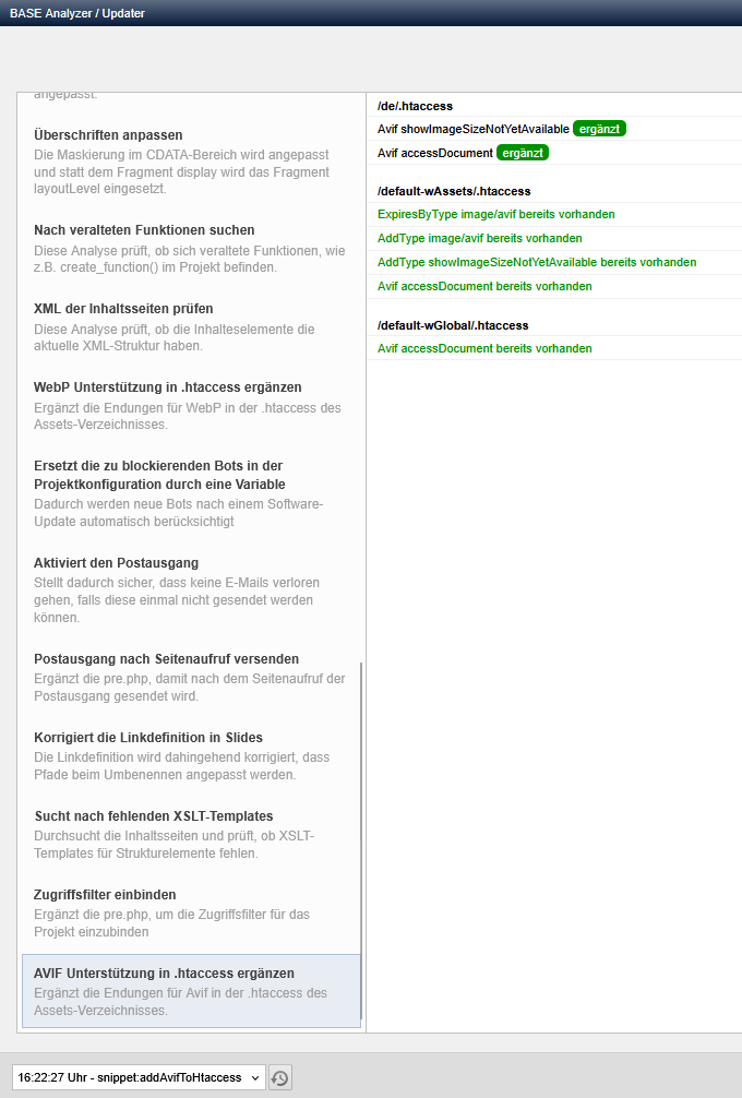 Hochkomprimierte Bilder: AVIF Unterstützung in htaccess per BASE Updater ergänzen
