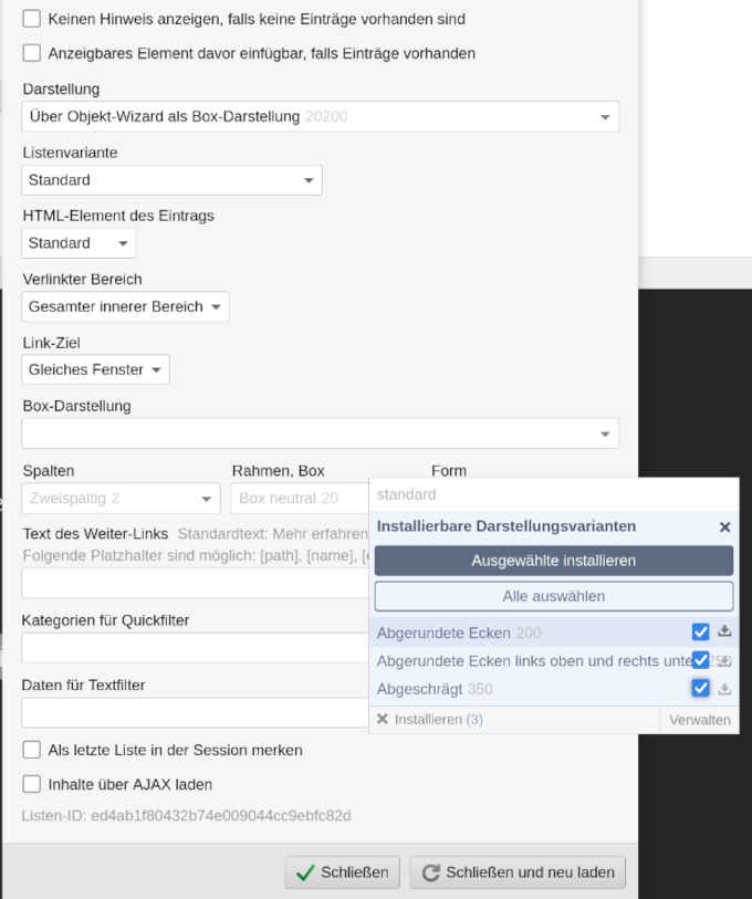 Liste: Box-Darstellungen im Layout-Wizard als CSS-Only Untervarianten installieren und auswählen