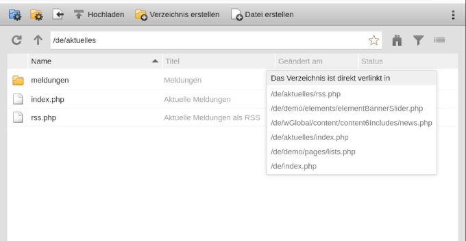 Dateiverwaltung: Anzeige, in welchen Dateien Verzeichnisse verlinkt sind