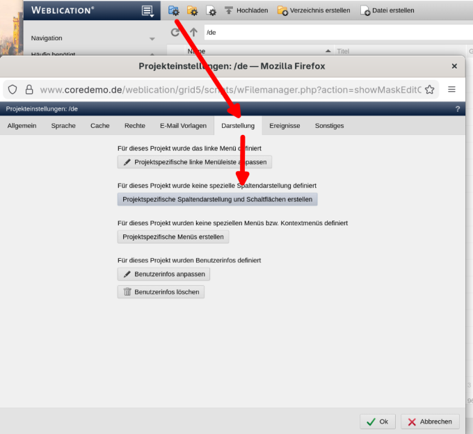 Dateiverwaltung: Projektspezifische Spalten und Buttons anzeigen