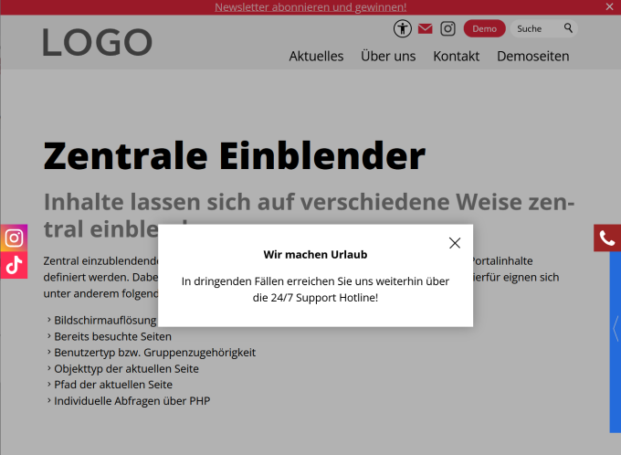 Einblender: Hinweis als Infolayer mittig