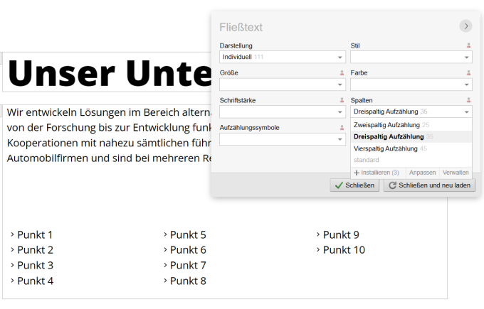 Fliesstext: Dreispaltige Aufzählung Fliesstext: Dreispaltige Aufzählung