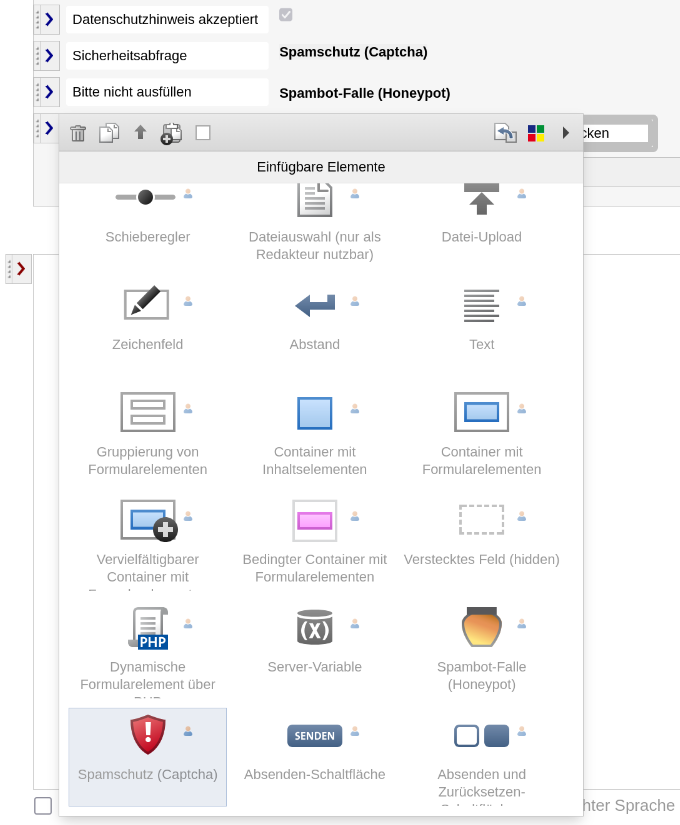 Formular-Spam-Schutz Elemente im Editor einbinden