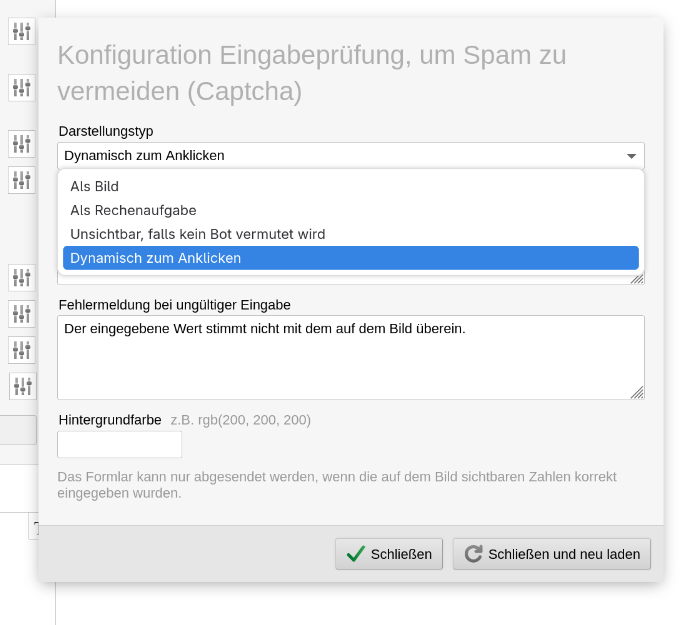 Formular-Spam-Schutz Elemente im Editor konfigurieren