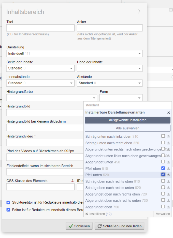 Inhaltsbereich Pfeil am oberen oder unteren Rand