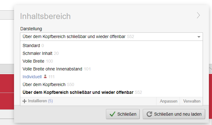 Einblender seitenabhängig: Inhaltsbereich über dem Kopfbereich