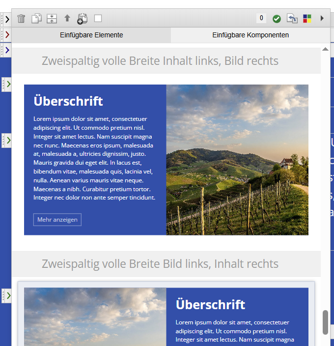Komponente einfügen im Editor: Inhaltsereich zweispaltig volle Breite Inhalt links, Bild rechts