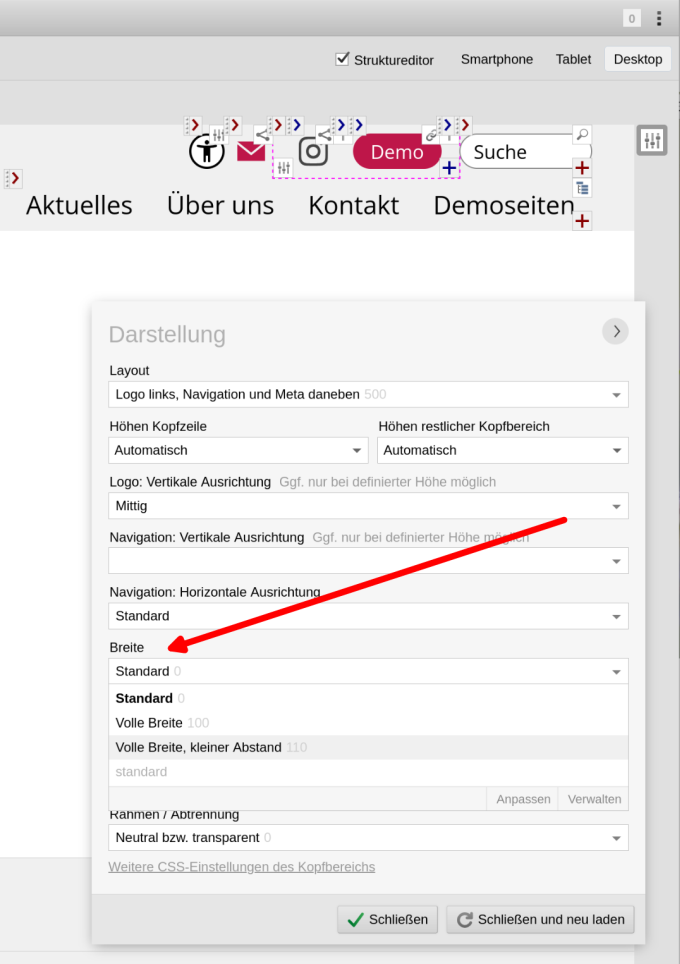 Im Kopfbereich die Breite auswählen Im Kopfbereich die Breite auswählen