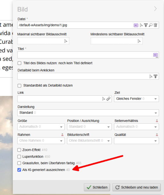 Einstellung in Bildoptionen